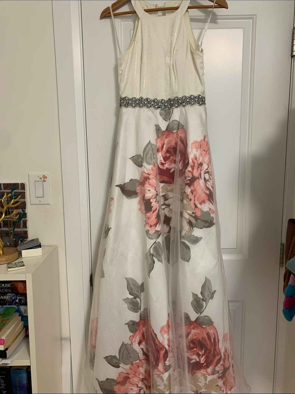 Le Chateau Ivory Maxi Dress with Pink Floral Print and Beaded Waist - Picture 1 of 6